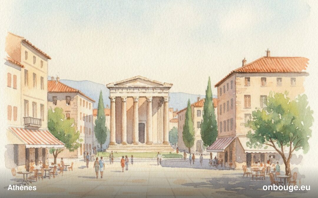 Aquarelle d'Athènes, capitale de la Grèce, avec l'Acropole dominant la ville