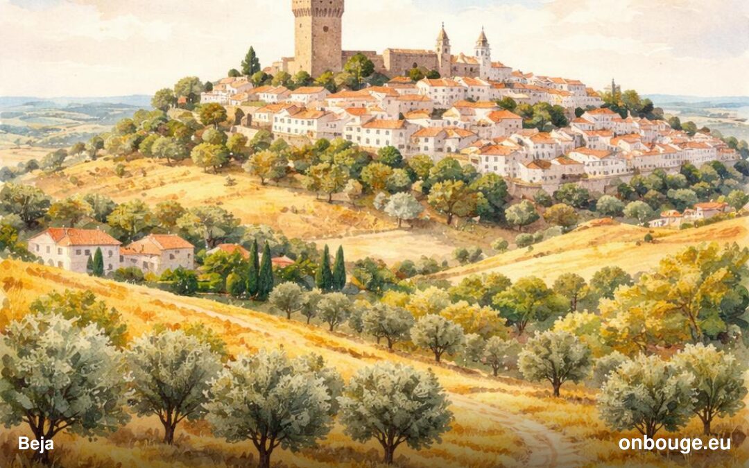 Aquarelle de Beja, capitale du Baixo Alentejo, avec la Torre de Menagem dominant les toits blancs et les plaines dorées
