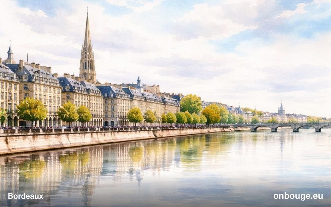 Aquarelle de Bordeaux, ses quais et le miroir d'eau sur la Garonne