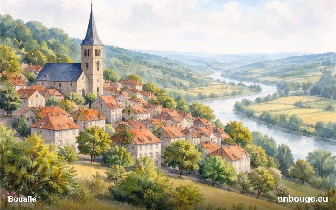 Aquarelle de Bouafle, le bourg perché et l'église dominant la vallée de la Seine