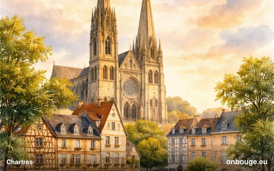 Aquarelle de Chartres, sa cathédrale Notre-Dame et la vieille ville au bord de l'Eure