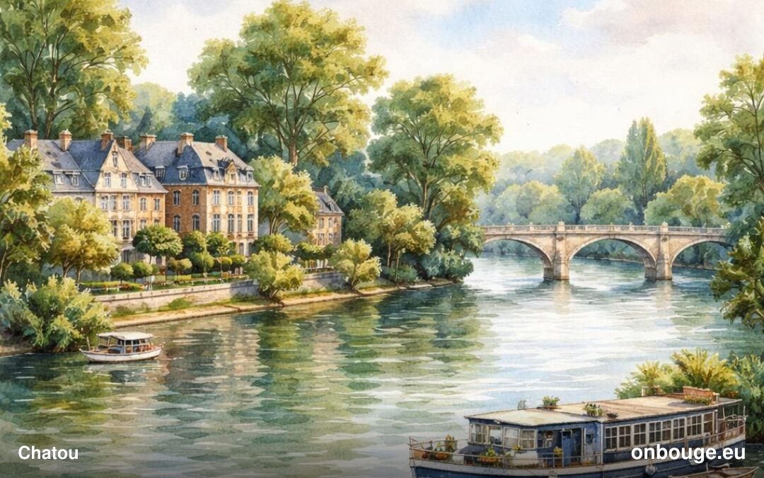Aquarelle de Chatou, ses bords de Seine et l'île des Impressionnistes