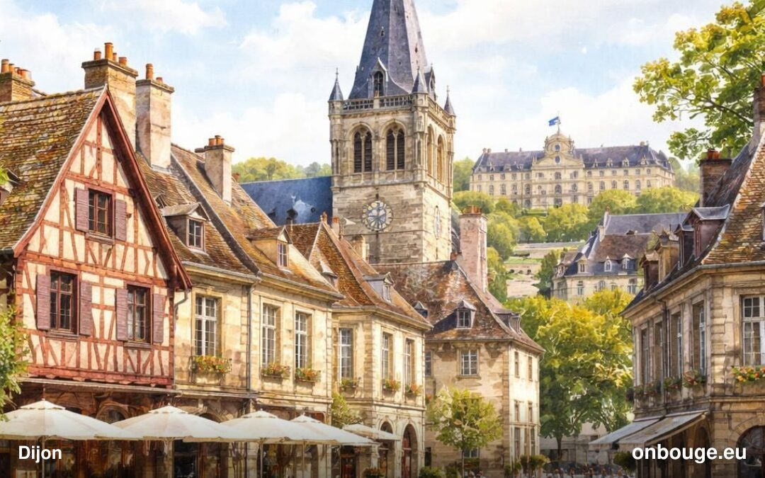 Aquarelle de Dijon, ses toits vernissés et le palais des Ducs
