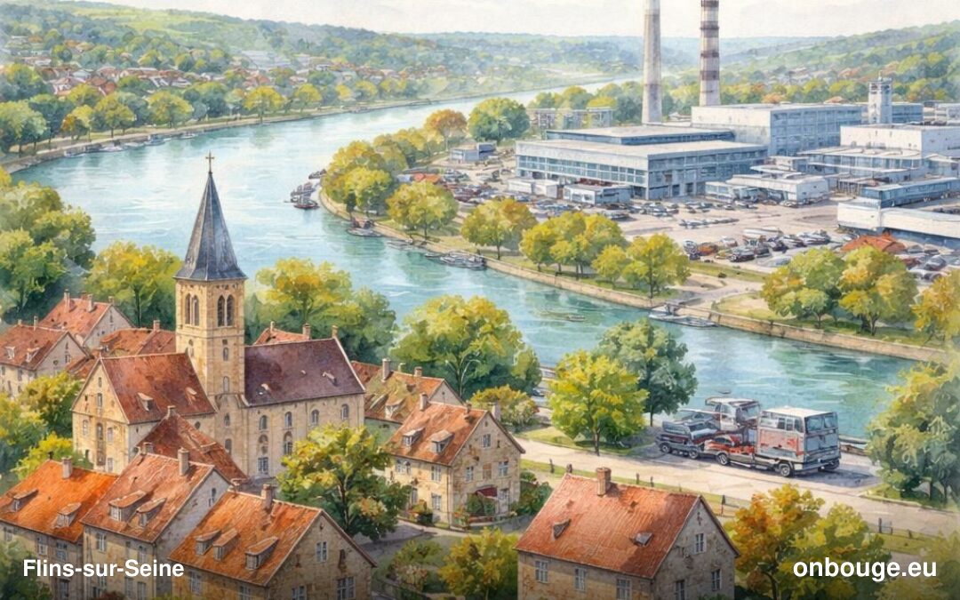 Aquarelle de Flins-sur-Seine, village et horizon de la vallée de la Seine