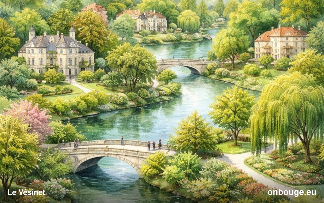 Aquarelle du Vésinet, ses lacs, rivières et grandes villas dans la verdure