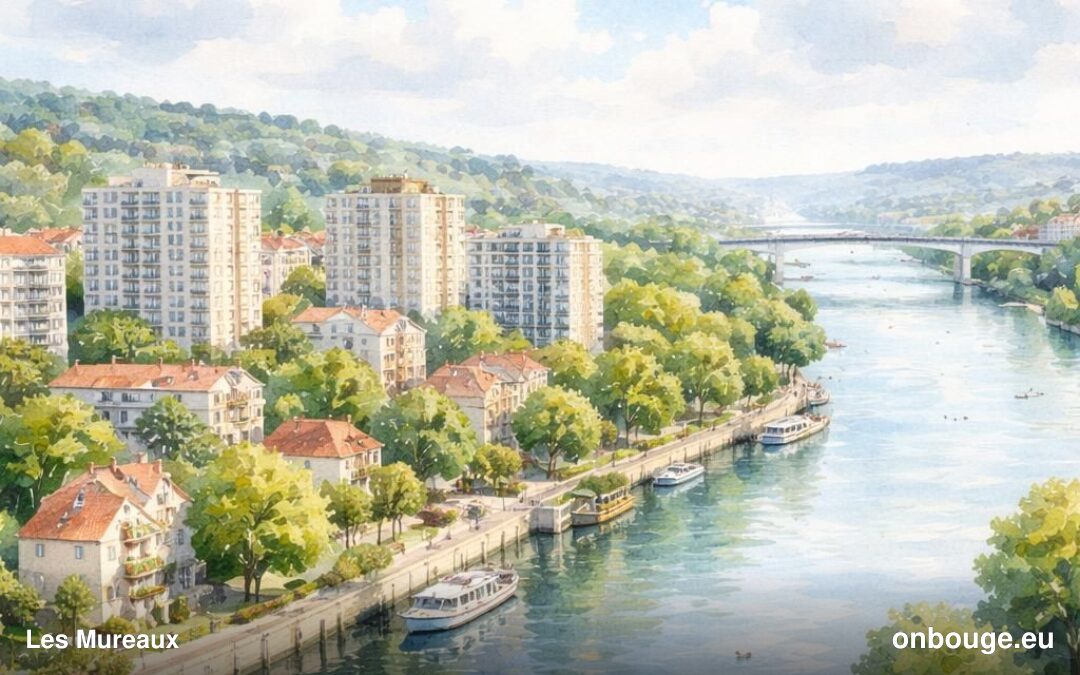 Aquarelle des Mureaux, bords de Seine et horizon des Yvelines