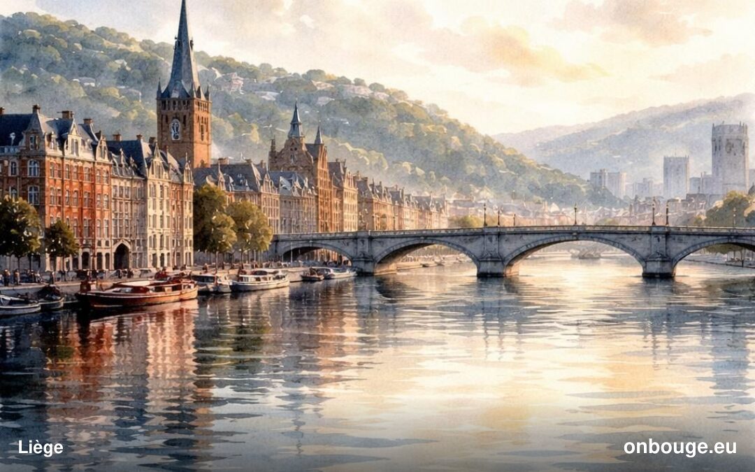 Aquarelle de Liège, métropole wallonne sur les bords de la Meuse