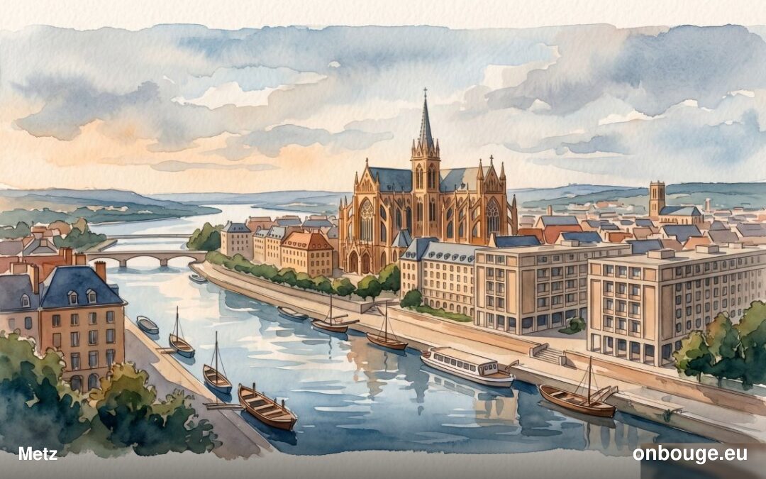 Aquarelle de Metz, sa cathédrale Saint-Étienne et les bords de Moselle