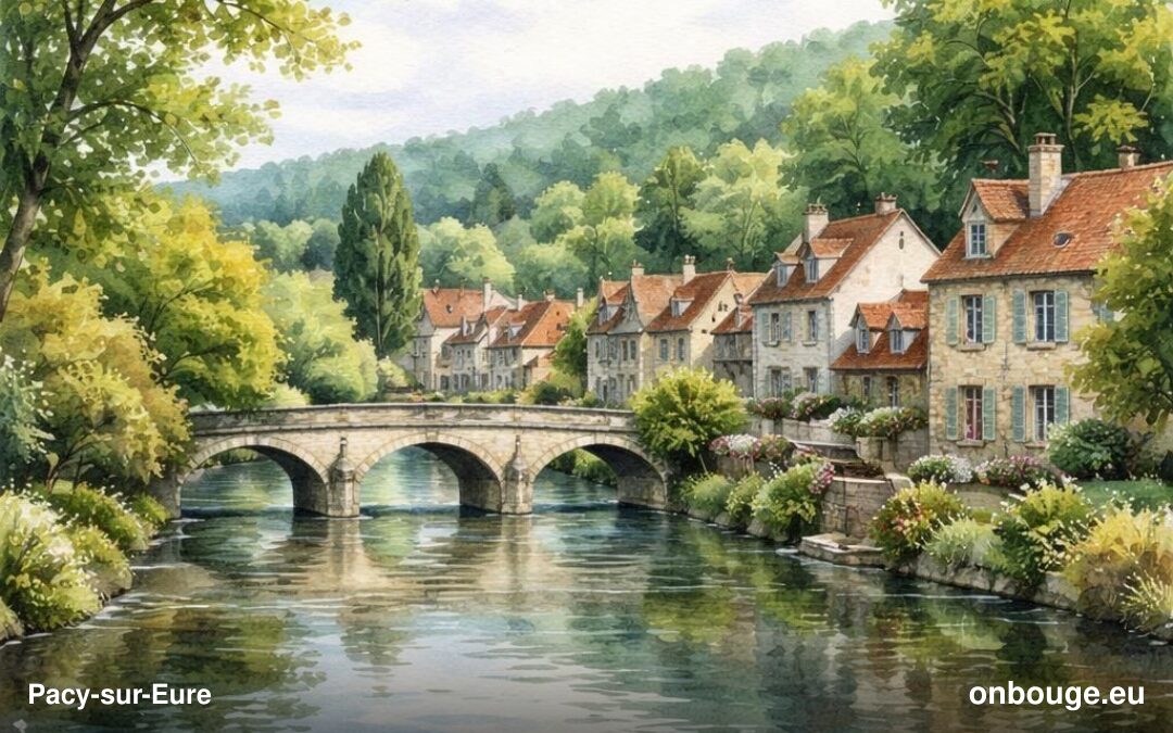 Aquarelle de Pacy-sur-Eure, petite ville de l'Eure en bord de rivière, avec son pont et ses maisons en pierre