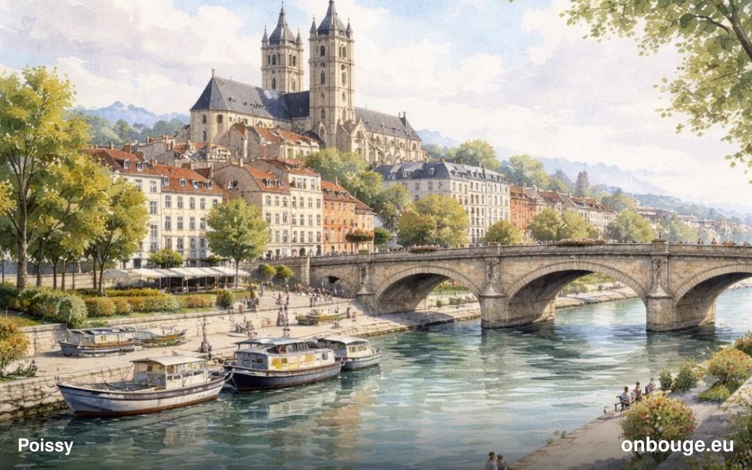 Aquarelle de Poissy, ses bords de Seine et la Collégiale Notre-Dame