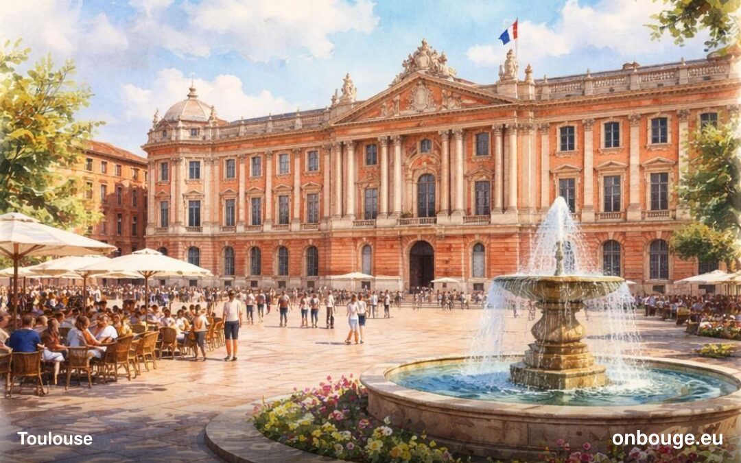 Aquarelle de Toulouse, la Ville rose au bord de la Garonne