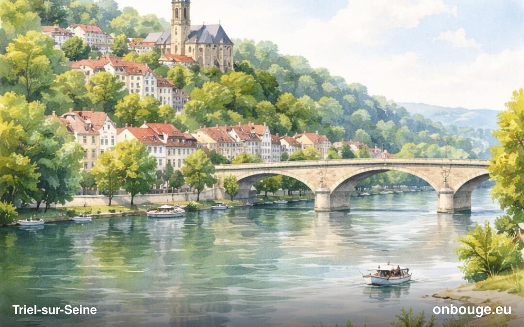 Aquarelle de Triel-sur-Seine, l'église dominant les maisons et la vallée de la Seine