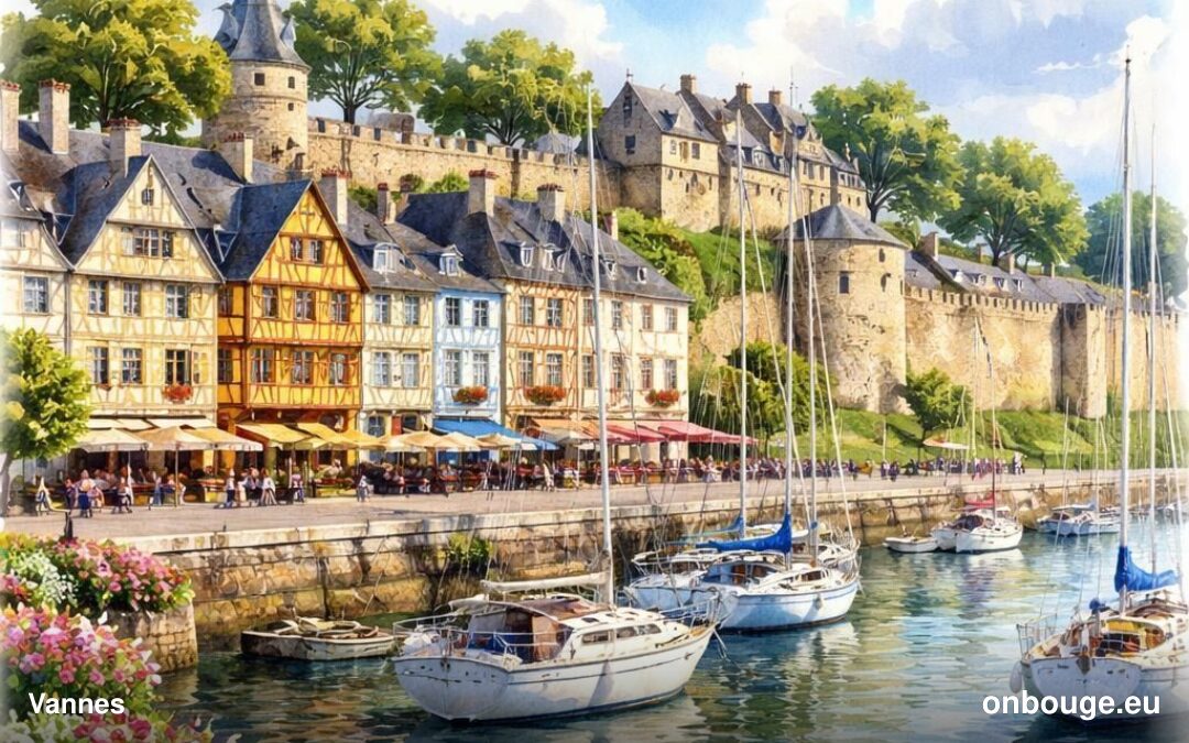 Aquarelle de Vannes, ses remparts et son port sur le golfe du Morbihan